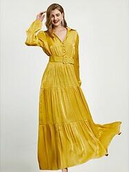 LightInTheBox Women's Party Dress Satin Dress Wedding Guest Dress Long Dress Maxi Dress Yellow Long Sleeve Plain Pure Color Ruffle Button With Belt Spring Fall Winter Shirt Collar Fashion Party A-line Winter Dress