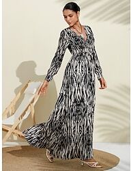 LightInTheBox Neva Black  White Spotted Print Bubble Satin V Neck Long Sleeve Swing Maxi Dress