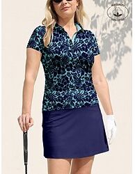 LightInTheBox Women's Golf Polo Shirt Navy Short Sleeve Sun Protection Lightweight Top Floral Leaf Ladies Golf Attire Clothes Outfits Wear Apparel