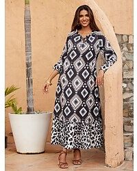 LightInTheBox Women's Boho Dress Long Dress Maxi Dress Black Long Sleeve Abstract Graffiti animal print Design Summer V Neck Boho S M L