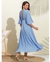 LightInTheBox Women's Hem Maxi Sky Blue Green Half Sleeve Solid / Plain Color Pleated Summer V Neck Maxi Dress S M L