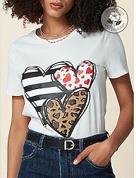 LightInTheBox 100% Cotton Heart Leopard Valentine's Day Women's Casual Daily T shirt Short Sleeve Crew Neck T shirt Outdoor