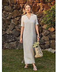 LightInTheBox 100% Linen Women's Casual Dress Summer Plain Long Dress Breathable And Soft Luxurious Linen Dress Beige Split Street Streetwear Split Neck Short Sleeve Loose Fit