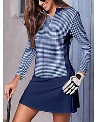 LightInTheBox Women's Golf Polo Shirt Navy Long Sleeve Top Plaid Fall Winter Ladies Golf Attire Clothes Outfits Wear Apparel