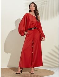 LightInTheBox Women's Puff Sleeve Cold Shoulder Solid / Plain Color Two Piece Suit Daily Wear Casual Daily Culottes Wide Leg Short Sleeve Puff Balloon Sleeve Red S M L Spring  Summer