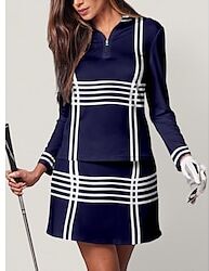 LightInTheBox Women's Golf Polo Shirt White Dark Blue Long Sleeve Top Stripe Ladies Golf Attire Clothes Outfits Wear Apparel