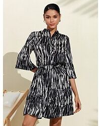 LightInTheBox Neva Black  White Spotted Print Bubble Satin Stand Collar Flared Sleeve Tie Knot Mini Dress