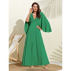 LightInTheBox Women's Chiffon Dress Green Solid / Plain Color Deep V Flying Sleeve Spring  Summer Maxi Dress Cocktail Dress Fashion Party S M L