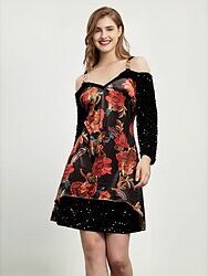 LightInTheBox Women's Velvet Dress Sequin Dress Party Dress Mini Dress Black Long Sleeve Floral Flower Sequins Glitter Sparkly Spring Fall Winter V Neck Fashion Party Hot Winter Dress Christmas Wedding Guest 2023