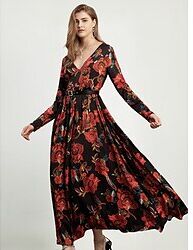 LightInTheBox Women's Prom Dress Party Dress Wedding Guest Dress Long Dress Maxi Dress Red Long Sleeve Floral Flower Print Spring Fall Winter V Neck Fashion Party Mature Winter Dress Christmas Wedding Guest 2023 S