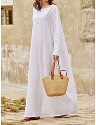 LightInTheBox 55% Linen Women's White Linen Dress Plain Breathable Crew Neck Pocket Comfortable Maxi Dress Long Sleeve Loose Summer Spring