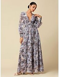 LightInTheBox Women's Maxi Dress Blue Long Sleeve Flower / Plants Chiffon Printing Spring   Fall V Neck Pattern Dress Flying Dress Corset Dresses S M L