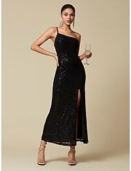 LightInTheBox Women's Black Dress Sequin Dress Prom Dress Long Dress Maxi Dress Black Sleeveless Plain Pure Color Sequins Backless Glitter Spring Fall Winter One Shoulder Fashion Party Hot Christmas Wedding Guest