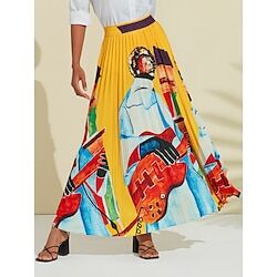 LightInTheBox Women's Full-Length 90% Polyester 10% Spandex Yellow Skirts Spring  Summer Spring and Summer Artistic Style Print High Beach Daily Wear Vacation Travel (journey) S M L