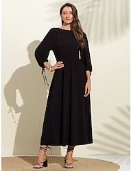 LightInTheBox Women's A Line Dress Plain Dress Hem Maxi Black 3/4 Length Sleeve Solid / Plain Color Elastic Waistband Tie Back Spring  Summer Off Shoulder S M L