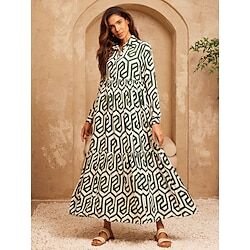 LightInTheBox Women's Resort Wear Maxi Dress Green Long Sleeve Geometic Printing Spring  Summer Shirt Collar Beach Vacation S M L