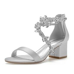 LightInTheBox Women's Wedding Shoes Block Heel Sandals Bridal Shoes Crystal Block Heel Open Toe Luxurious Satin Zipper Black White Ivory