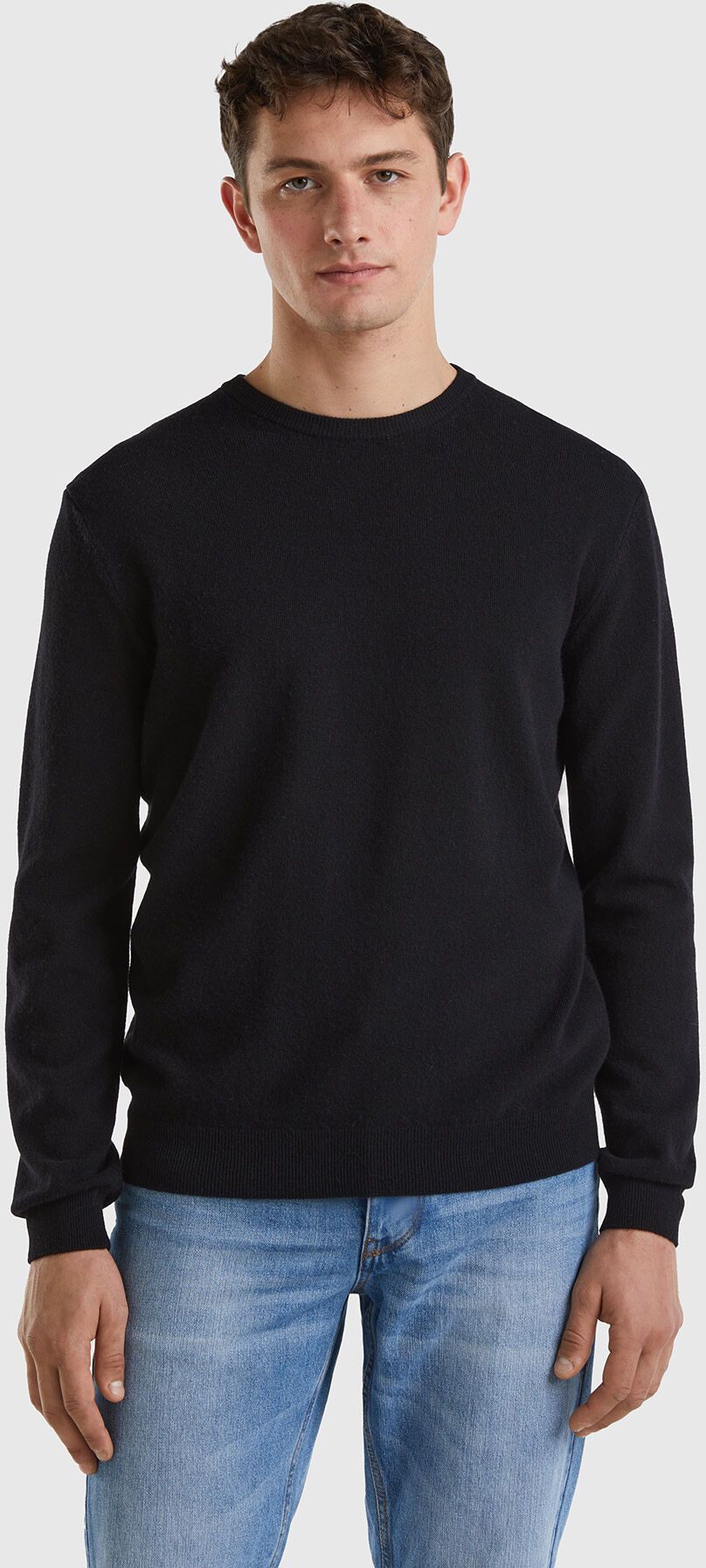 United Benetton, Black Crew Neck Sweater In Pure Merino Wool, size M, Black, Men