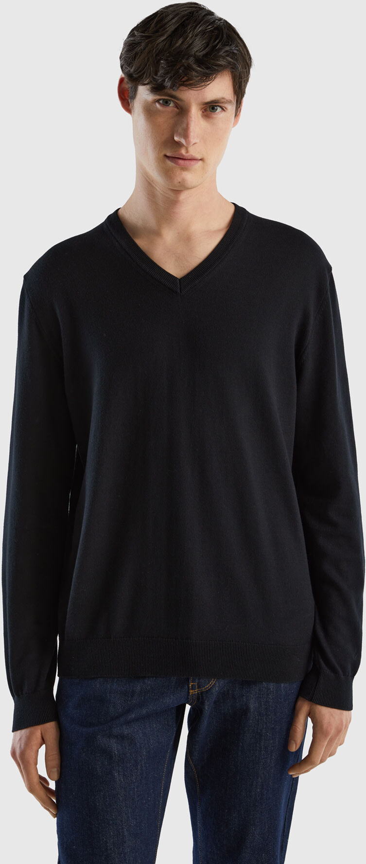 United Benetton, V-neck Sweater In Pure Cotton, size XL, Black, Men