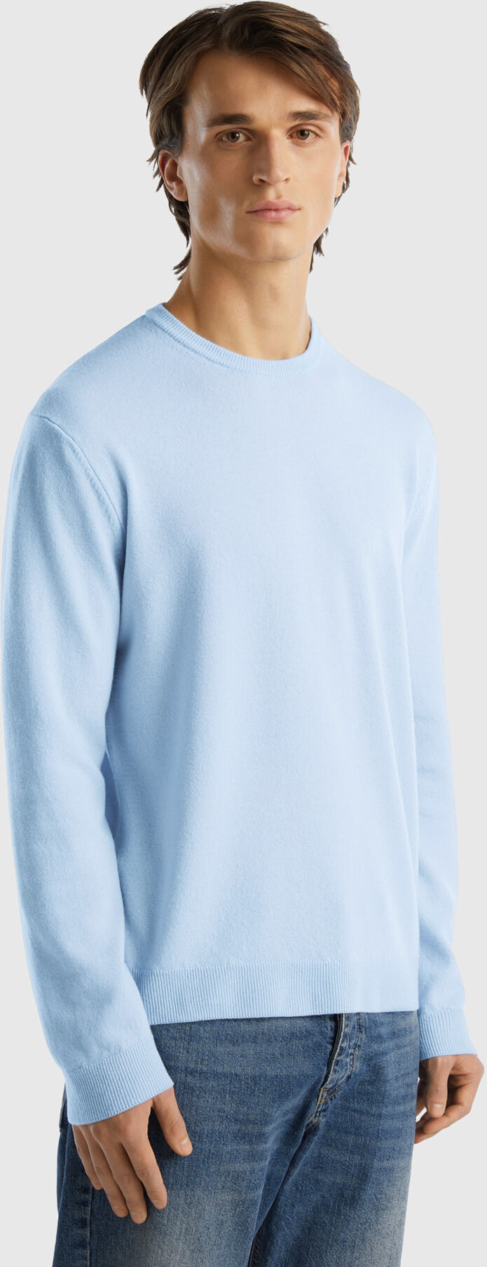 United Benetton, Light Blue Crew Neck Sweater In Pure Merino Wool, size M, Sky Blue, Men