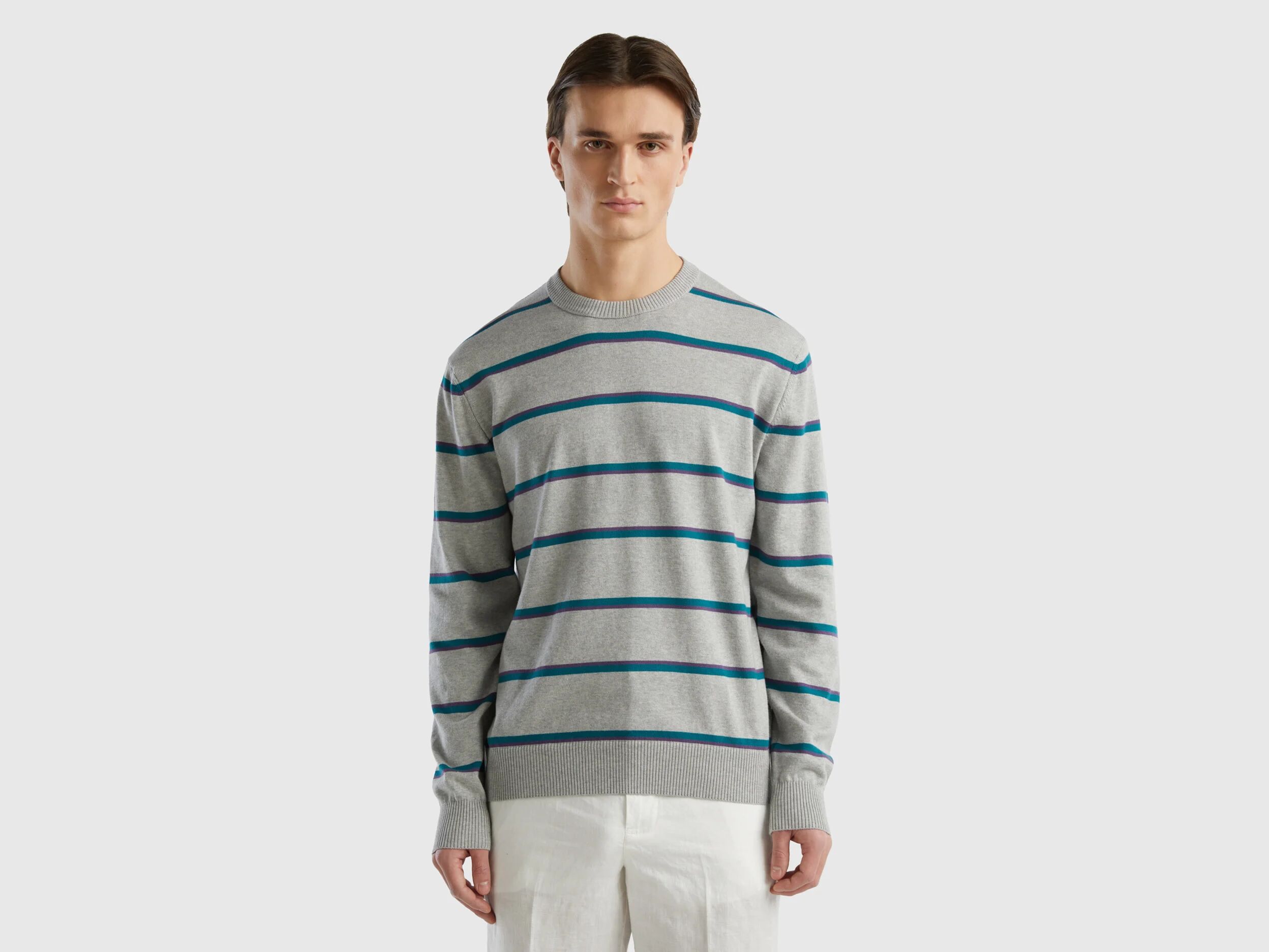 United Benetton, Striped 100% Cotton Sweater, size S, Light Gray, Men