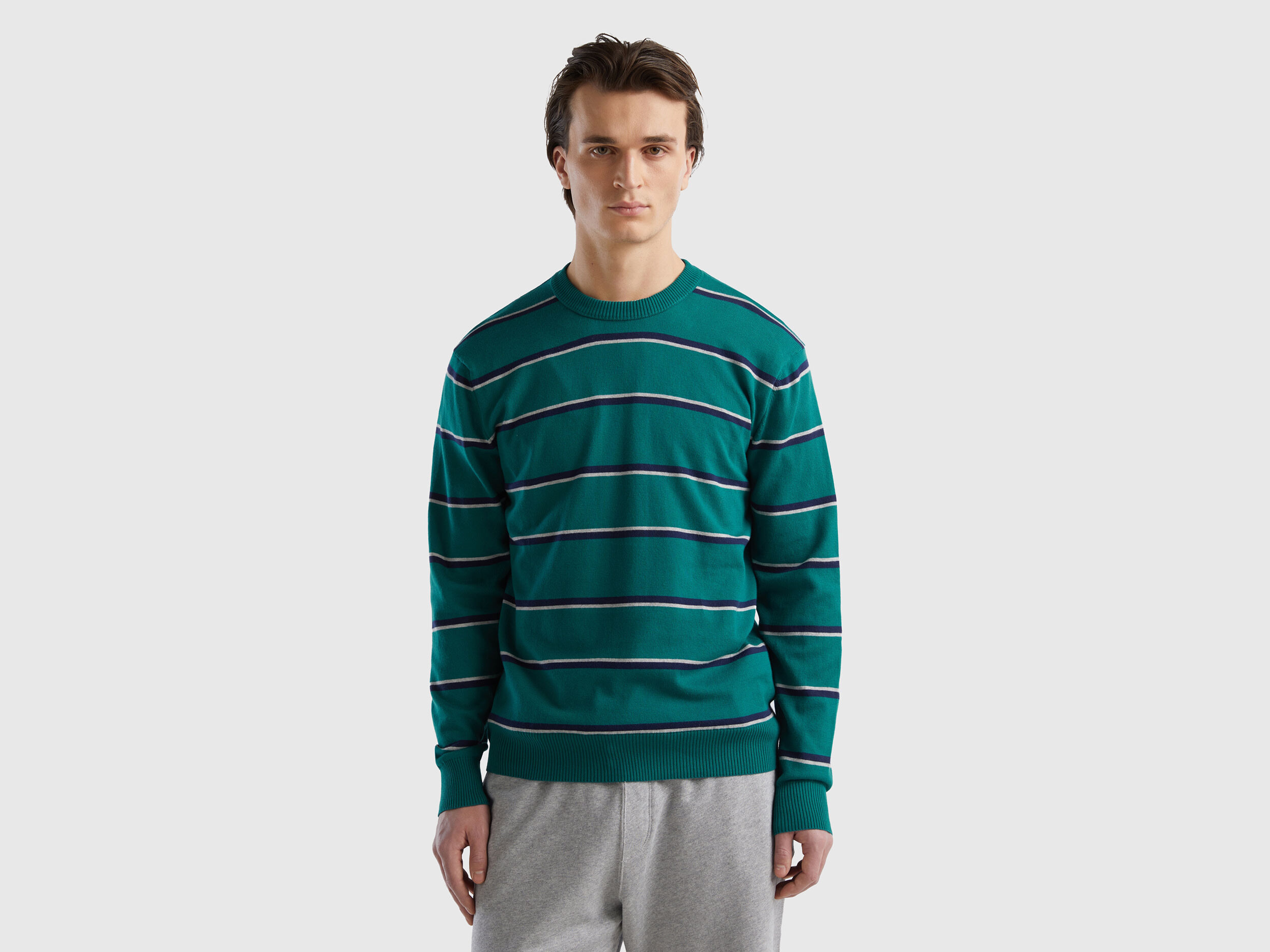United Benetton, Striped 100% Cotton Sweater, size XL, Dark Green, Men
