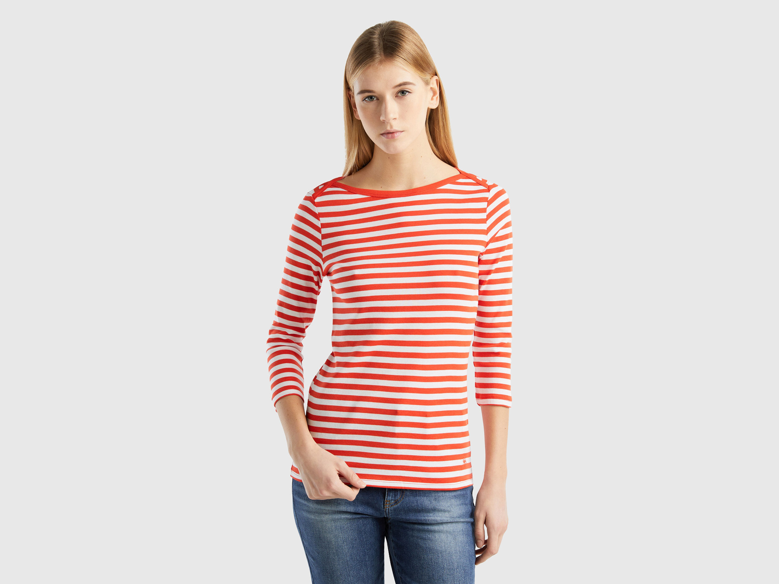 United Benetton, Striped 3/4 Sleeve T-shirt In 100% Cotton, size S, , Women