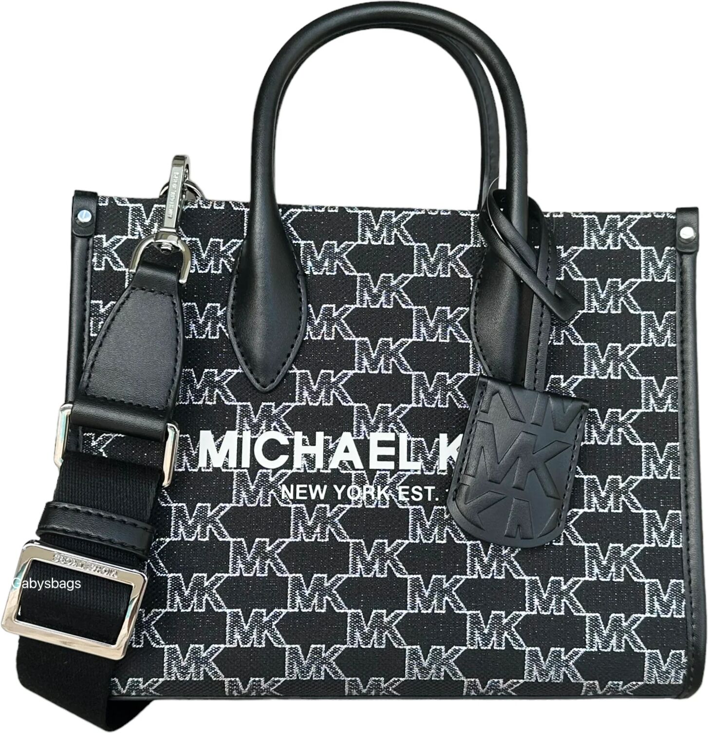 Michael Kors Mirella Small Top Zip Crossbody Bag Black Silver Logo MK Jacquard