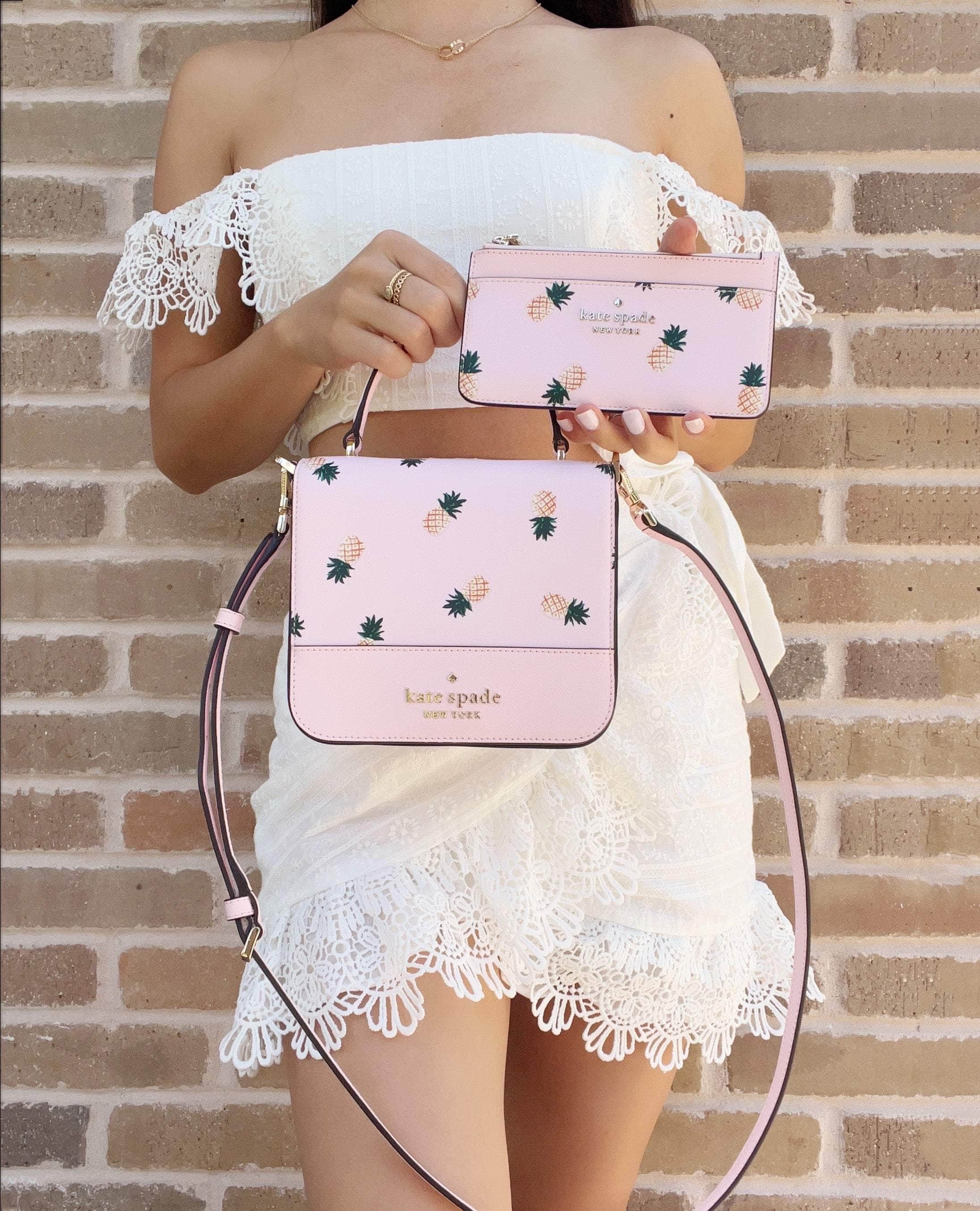 Kate Spade Colada Staci Pineapple Square Flap Crossbody Pink Multi + Card Case