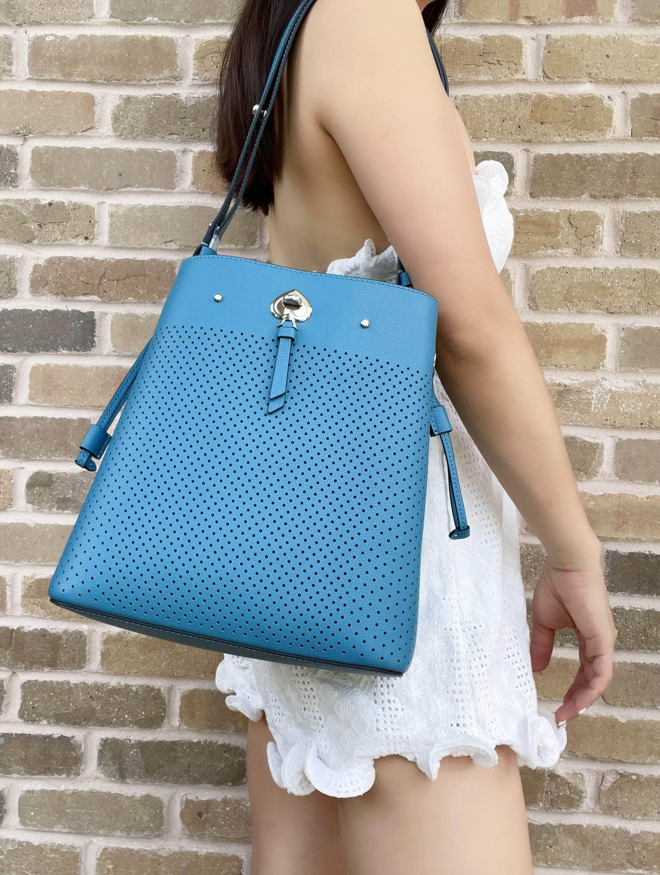 Kate Spade Marti Large Bucket Bag Shoulder Tote Blue Perforated Leather