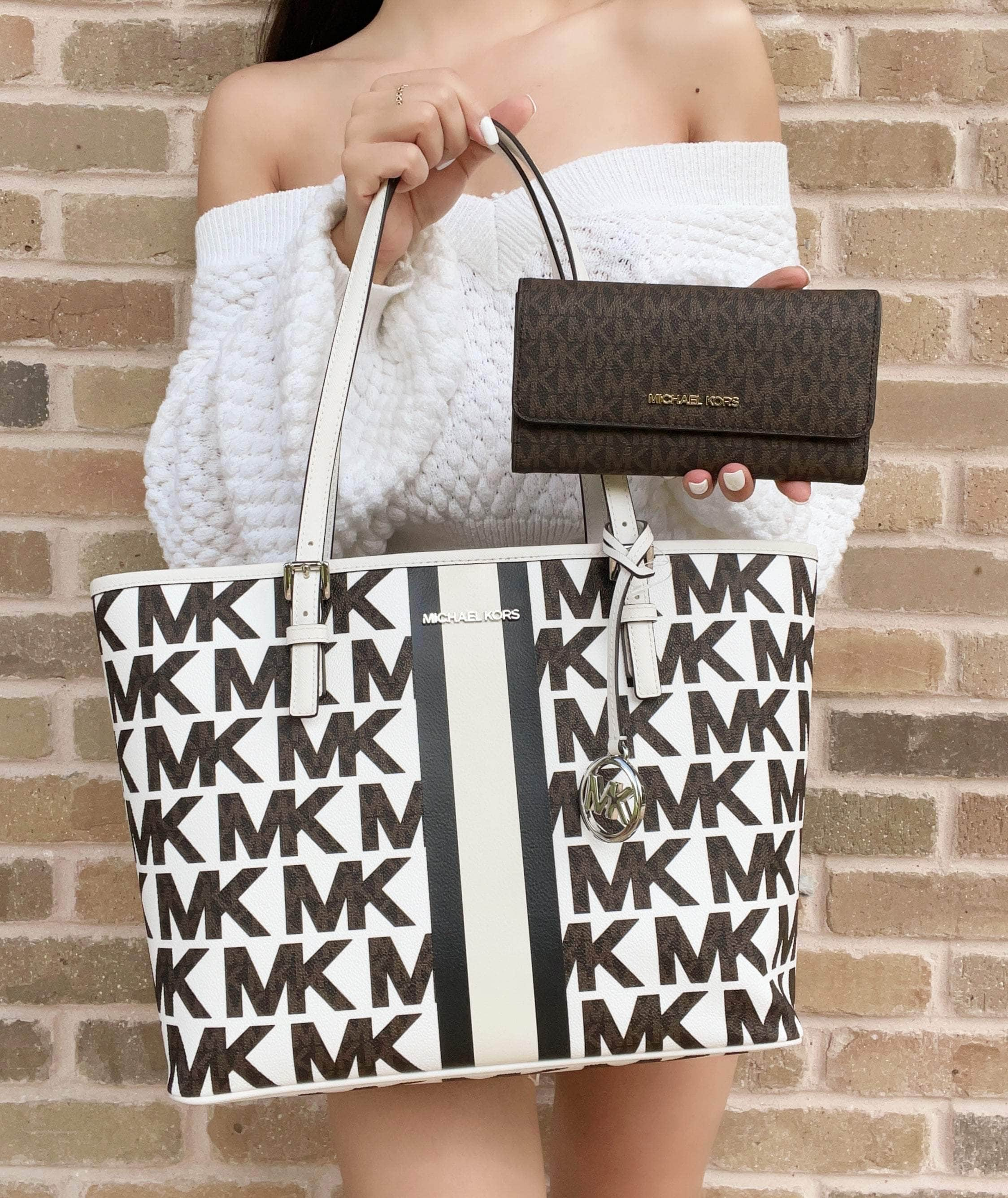 Michael Kors Jet Set MD Carryall Tote Graphic MK White + Brown Trifold Wallet