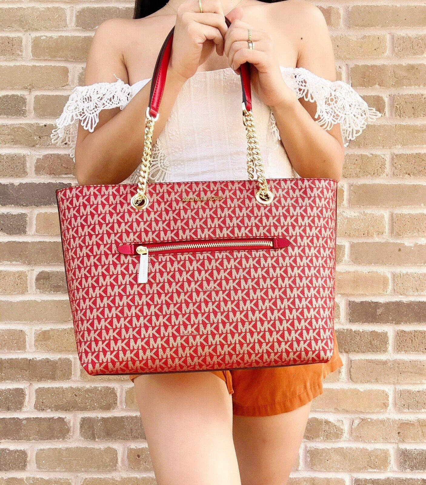 Michael Kors Jet Set Travel Medium Front Pocket Chain Tote Chili Red Gold MK