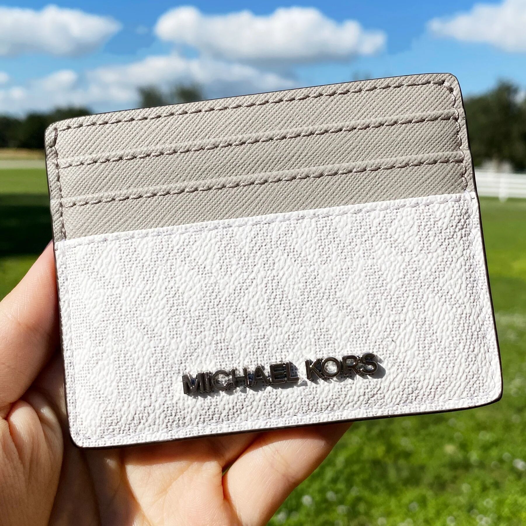 Michael Kors Jet Set Travel Card Holder Wallet Bright White MK Signature Grey