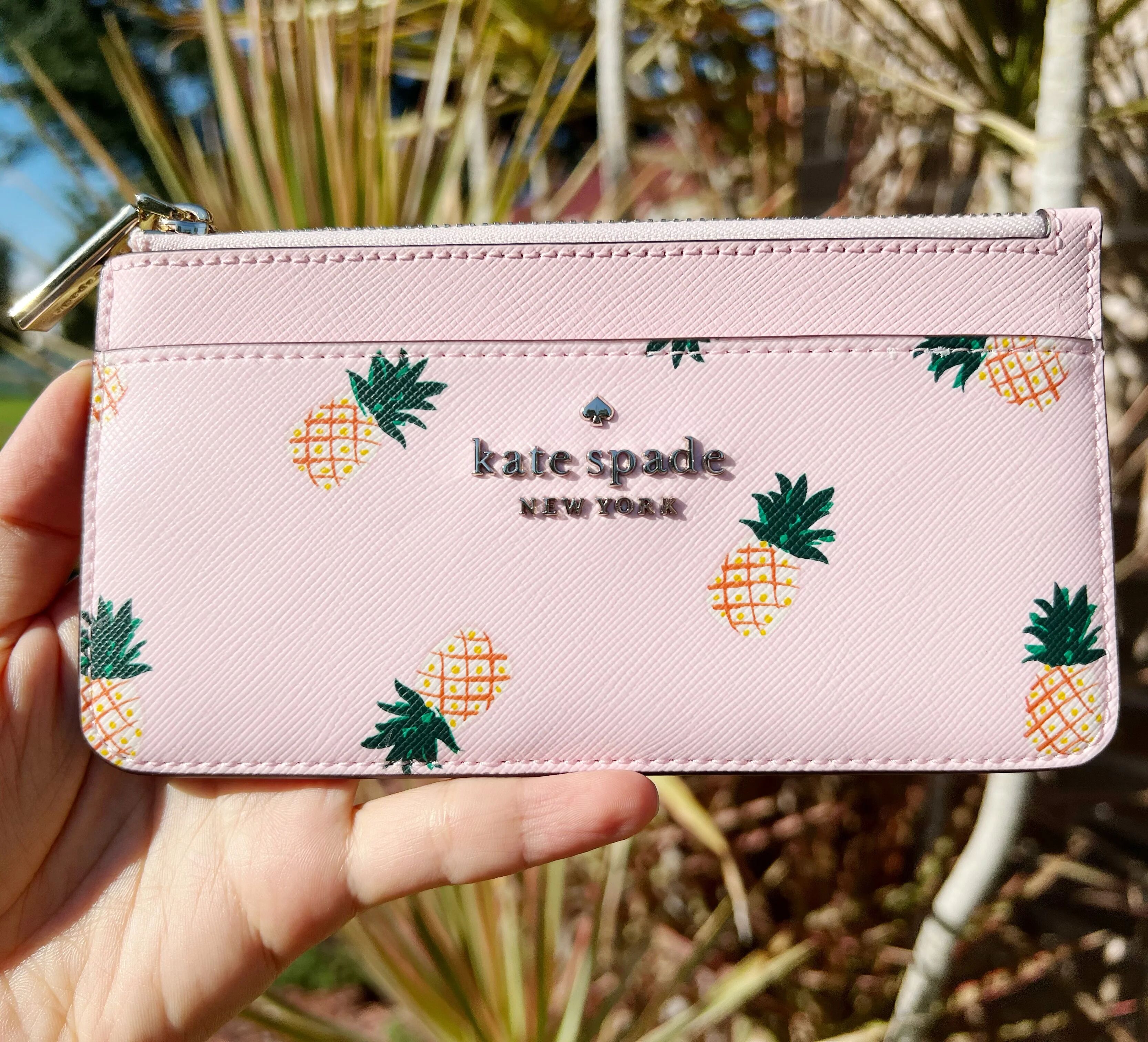 Kate Spade Bing Large Slim Pineapple Printed Pink Multi Card Holder Wallet Case