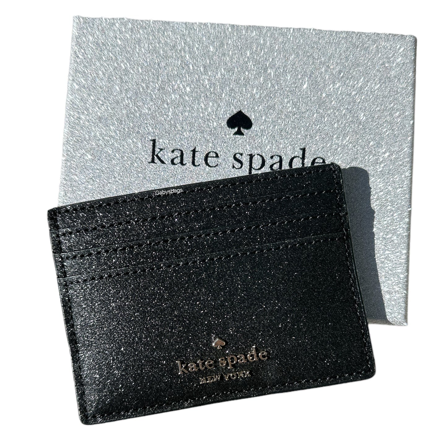 Kate Spade Boxed Tinsel Glitter Fabric Small Slim Card Holder Wallet Black