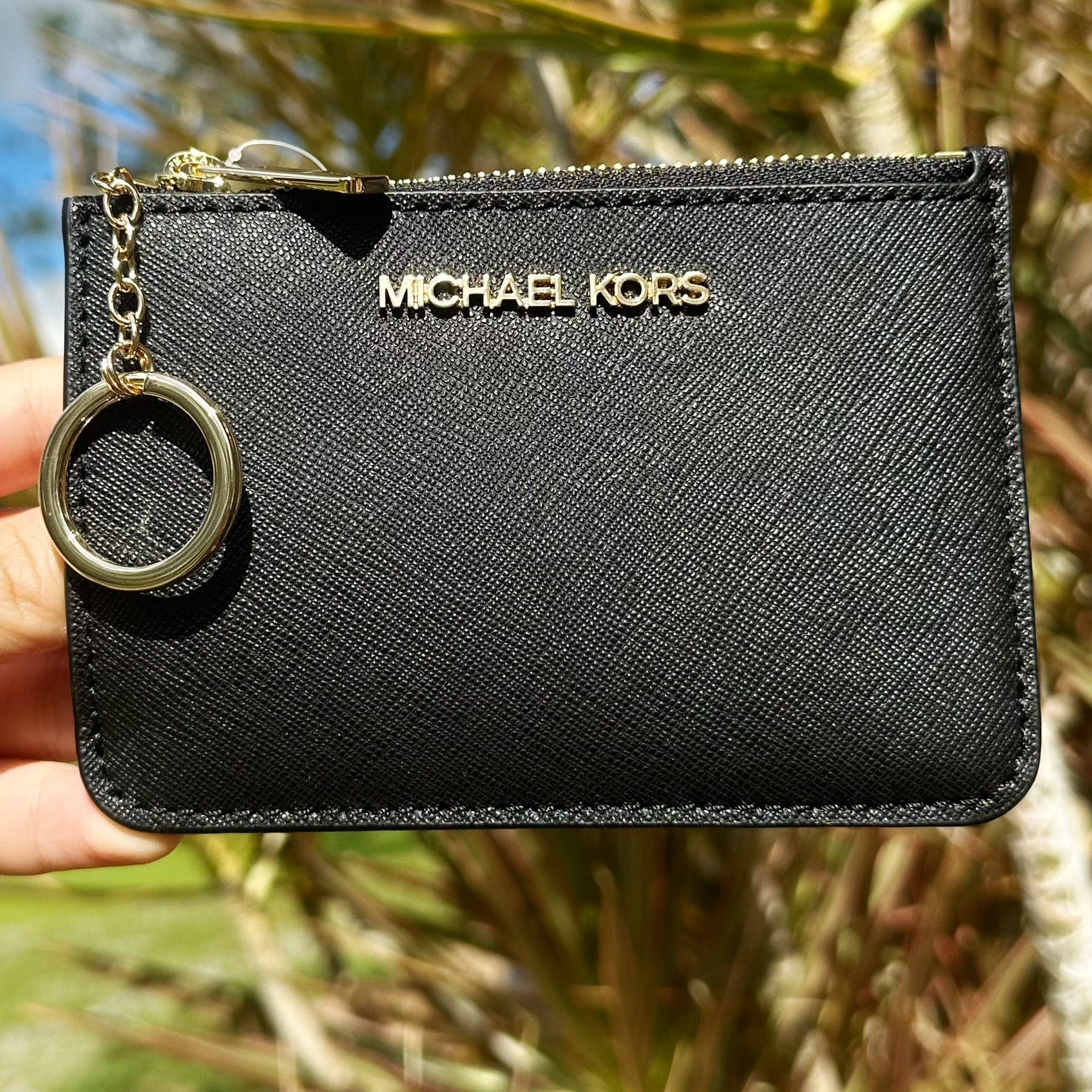 Michael Kors Jet Set Small Zip Coin Wallet Key Ring Card Holder Black Leather