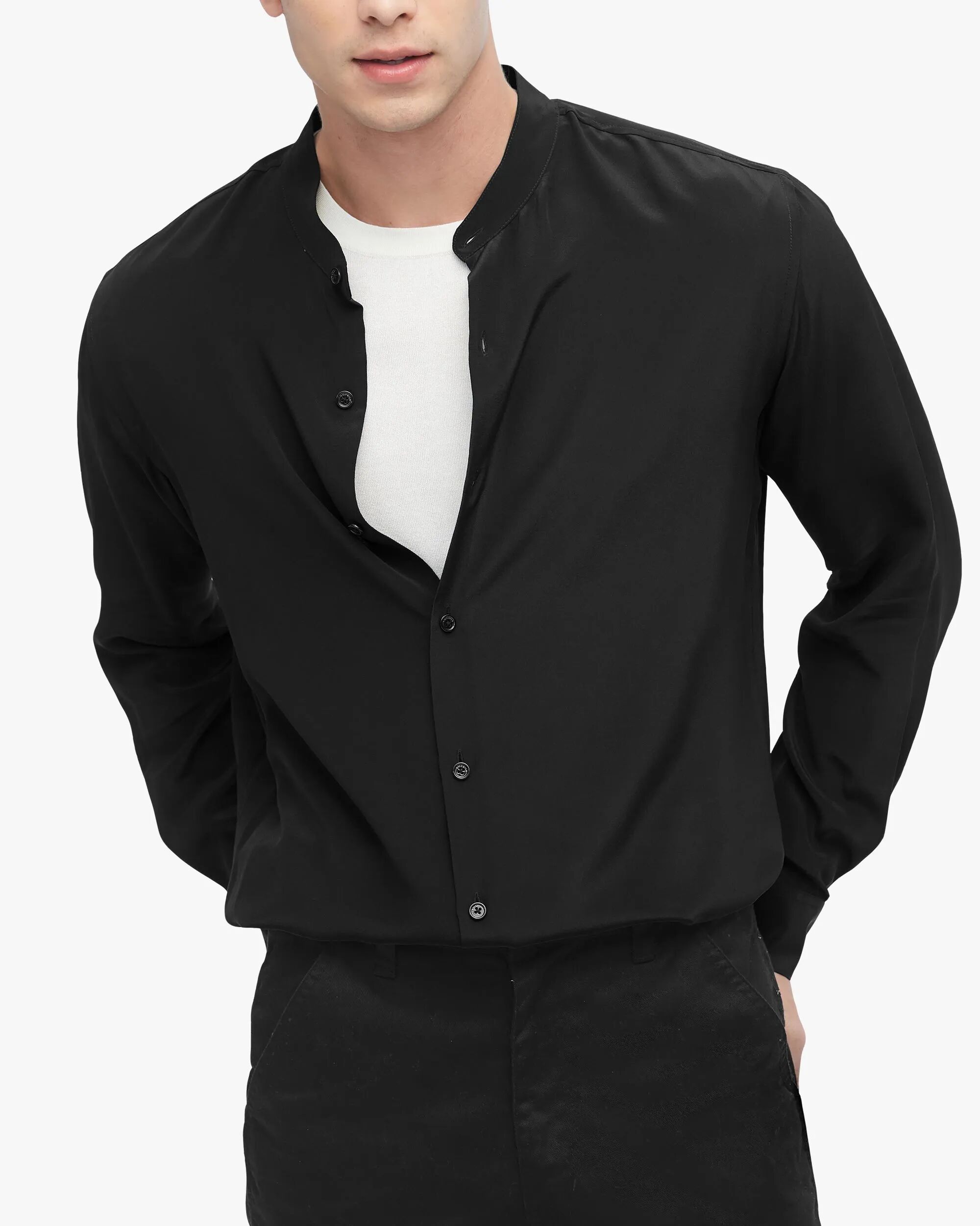 LILYSILK Business Formal Silk Shirt For Men Stand Collar & Round Cuffs Regular Fit Black Xxl