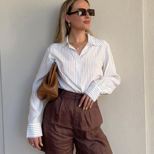 LILYSILK Business White Striped Shirt   Silk Women White/Brown 100% Grade 6A Mulberry Classic Skin-Friendly And Breathable XS