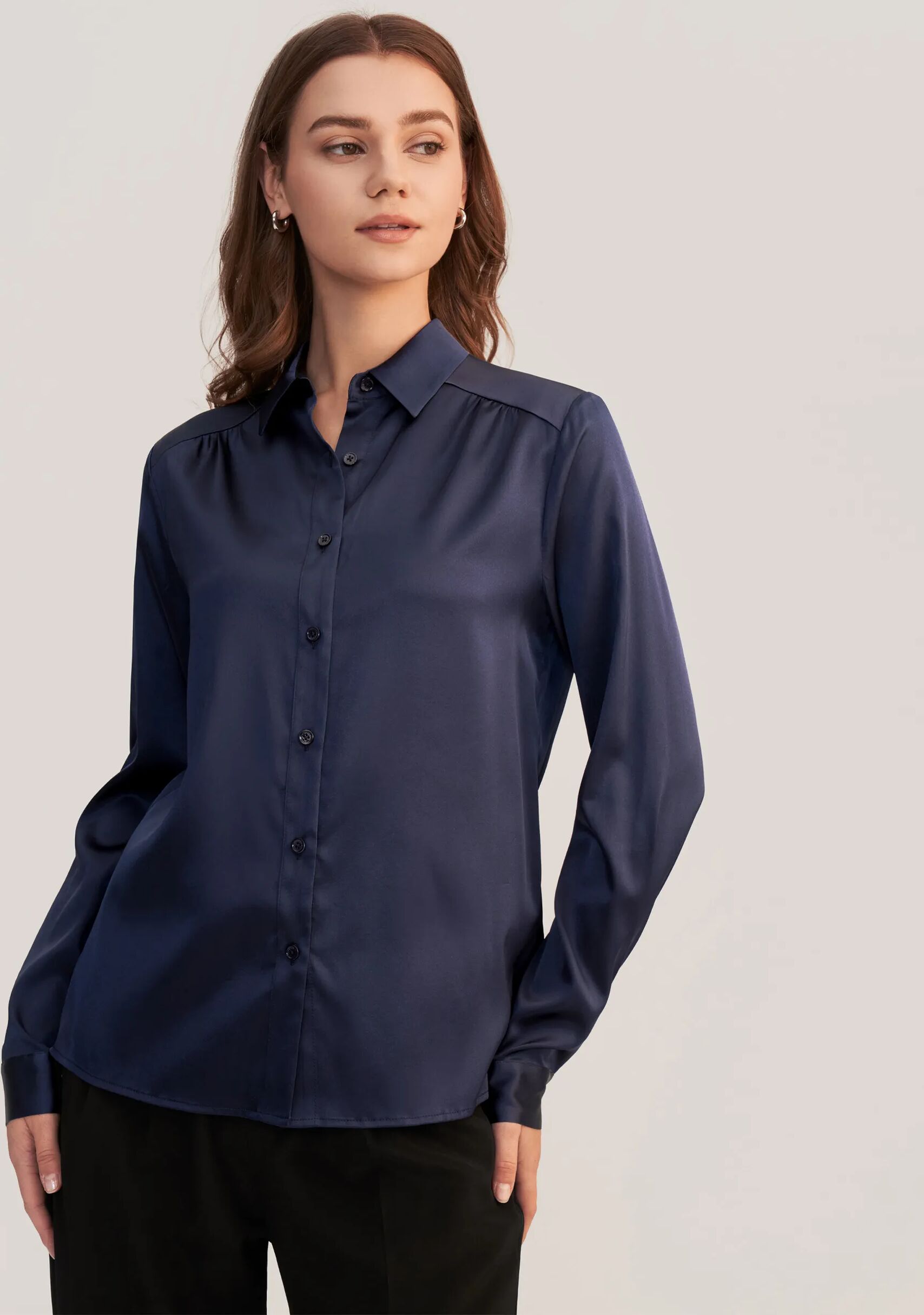 LILYSILK Business Blue Woman's Silk Shirt   Silk Plain Long Sleeves Style   Women Tops Navy Quality Stretchy Wrinkle Free Collared Light And Soft XXL