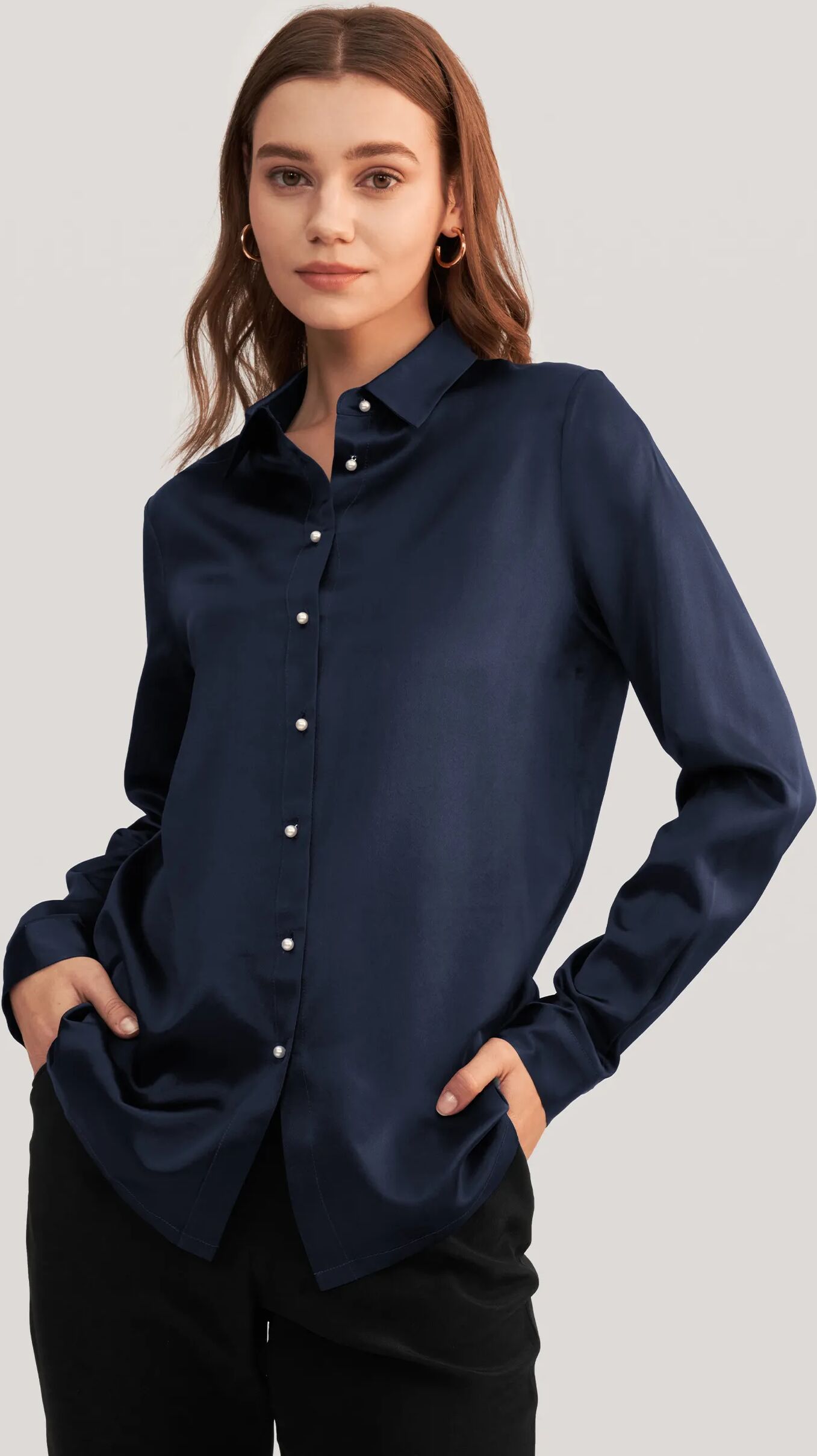 LILYSILK Business Blue Elegant Shirt With Pearls   Silk   Silk Women Blouses For Work Real Simplicity Navy XL