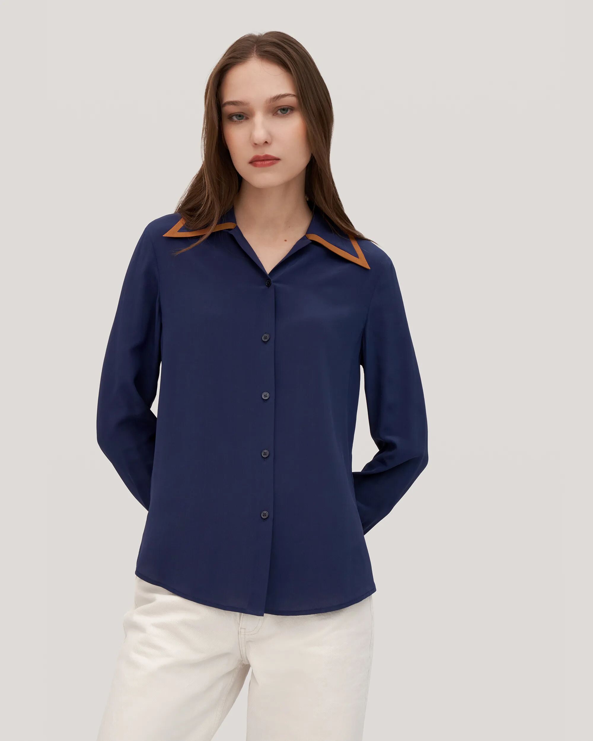 LILYSILK Business Blue Striped Shirt   Silk Collar Style   Women Silk Shirts Navy 18 Momme Pointed Split Hem Free Of Harmful Chemicals L