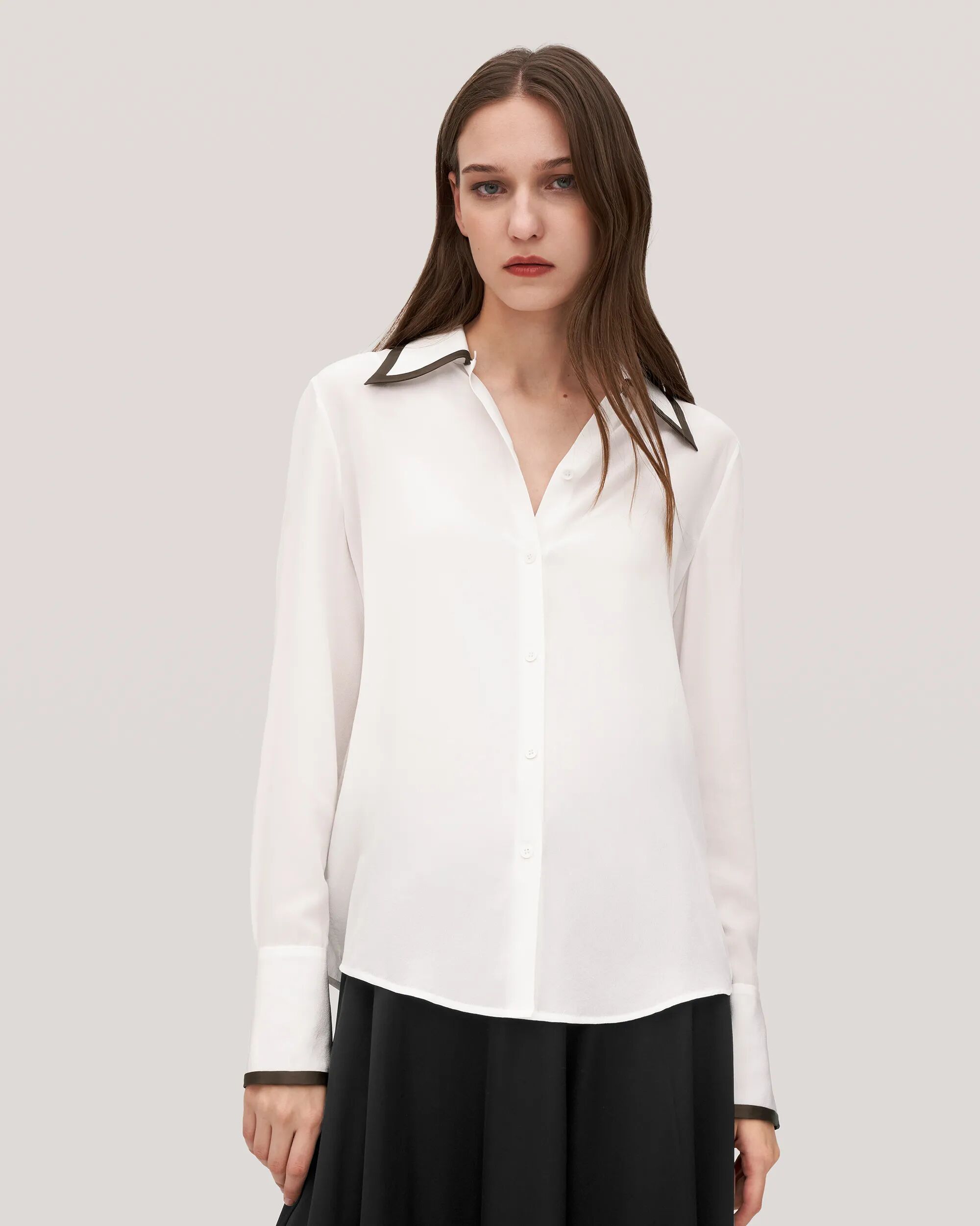 LILYSILK Business White Shirt With A Black Collar And Cuffs   Silk Striped   Women 18 Momme Crepe De Chine Long Sleeves Figure-Flattering Fit M