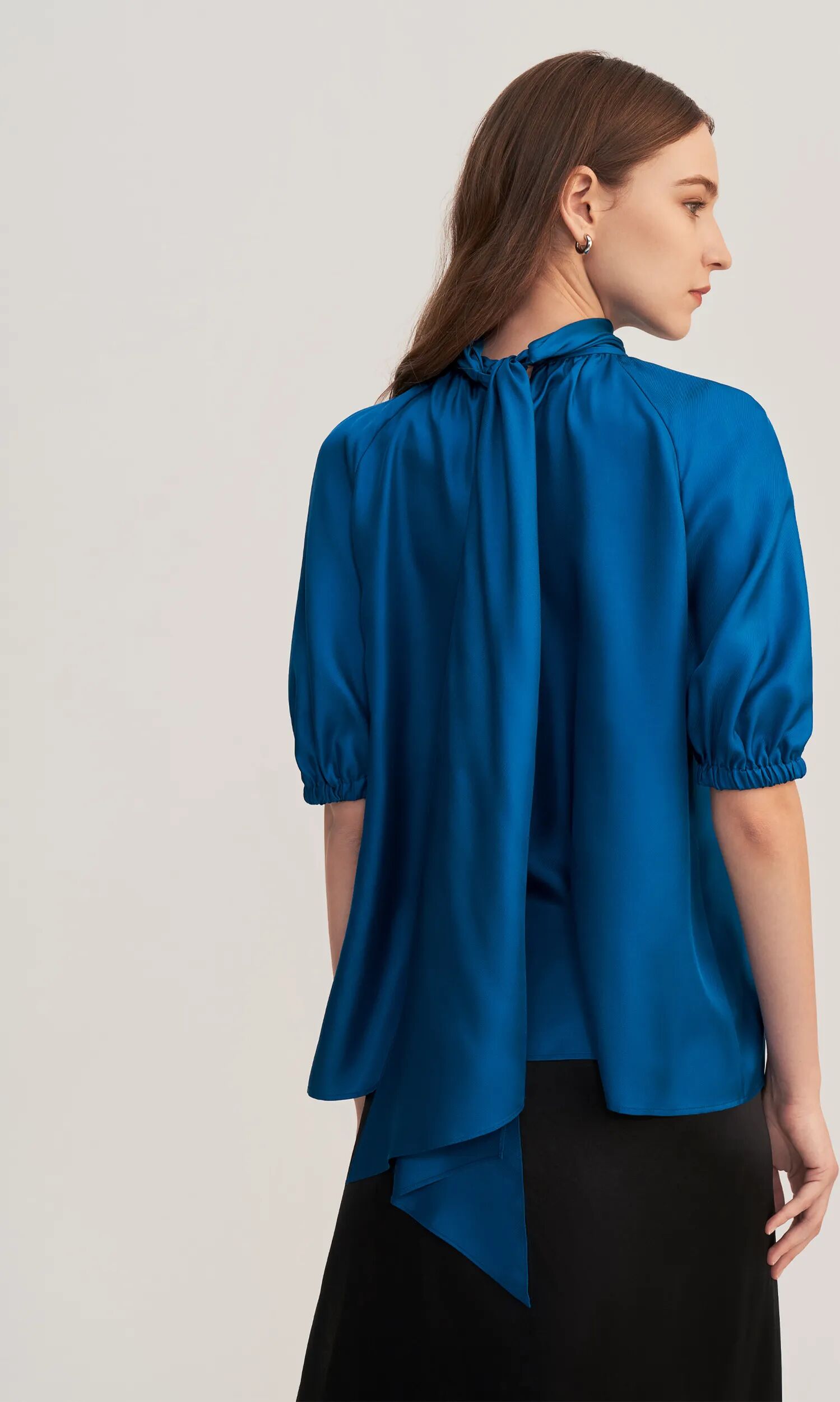 LILYSILK Business Blue Back Of Blouse With Bow   Silk   Shirt Women 100% 22Momme Twill Skin-Friendly And Breathable Puff Sleeves L