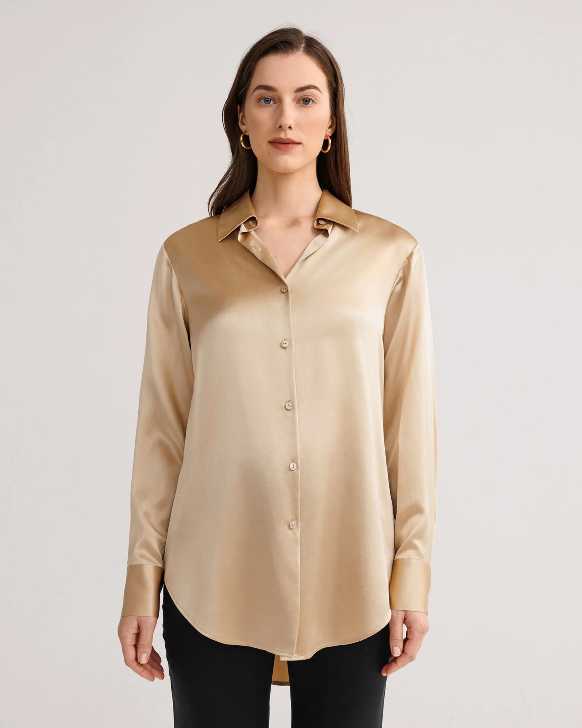 LILYSILK Business Gold Silk Shirt   Striped   Silk Blouse For Women Light Camel 22 Momme Smooth Menswear-Inspired Oversized Fit XS