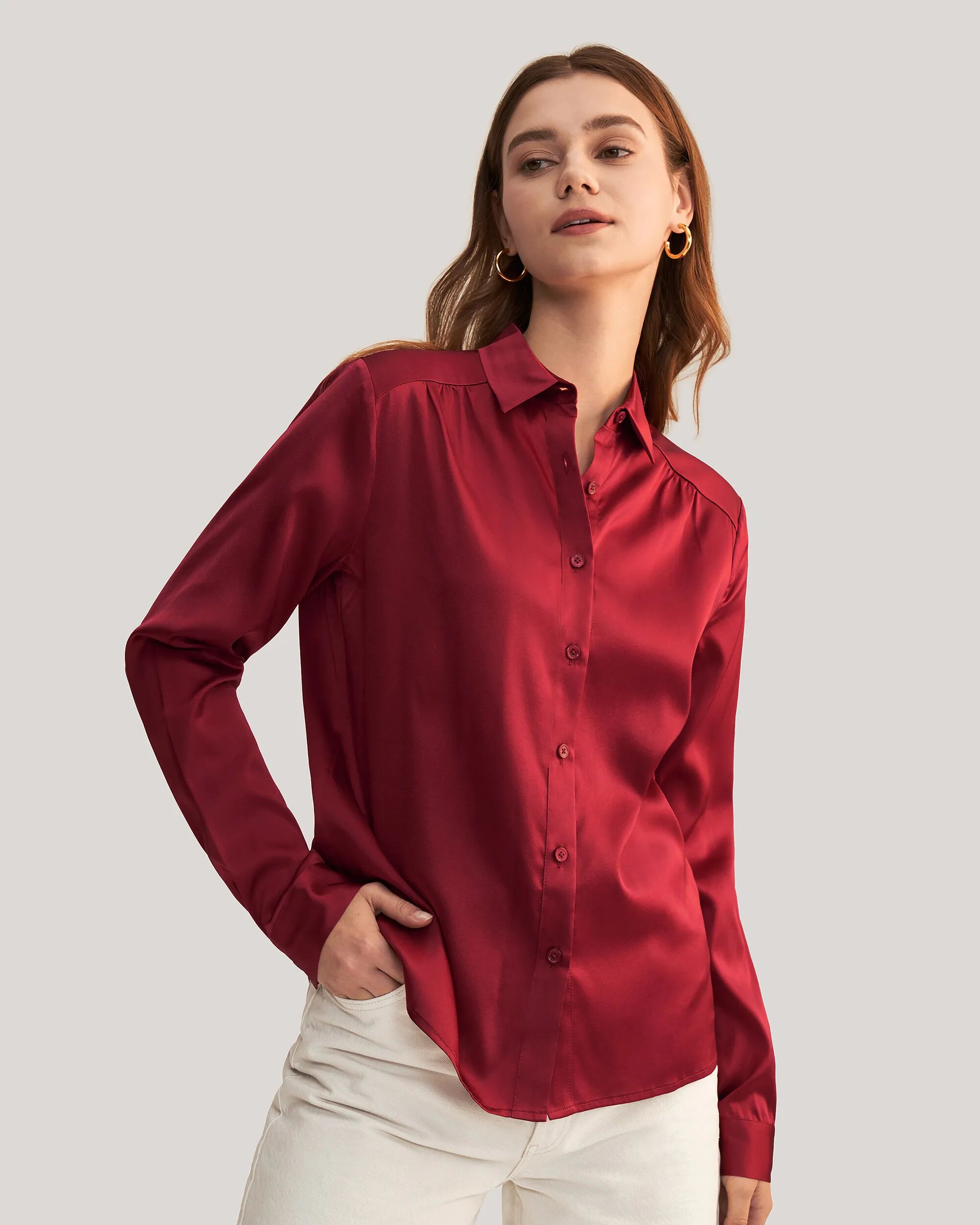LILYSILK Business Red Burgundy Silk Shirt   Solid Long Sleeves Style   Classic Silk Quality Guranteed Add Luxury To Home