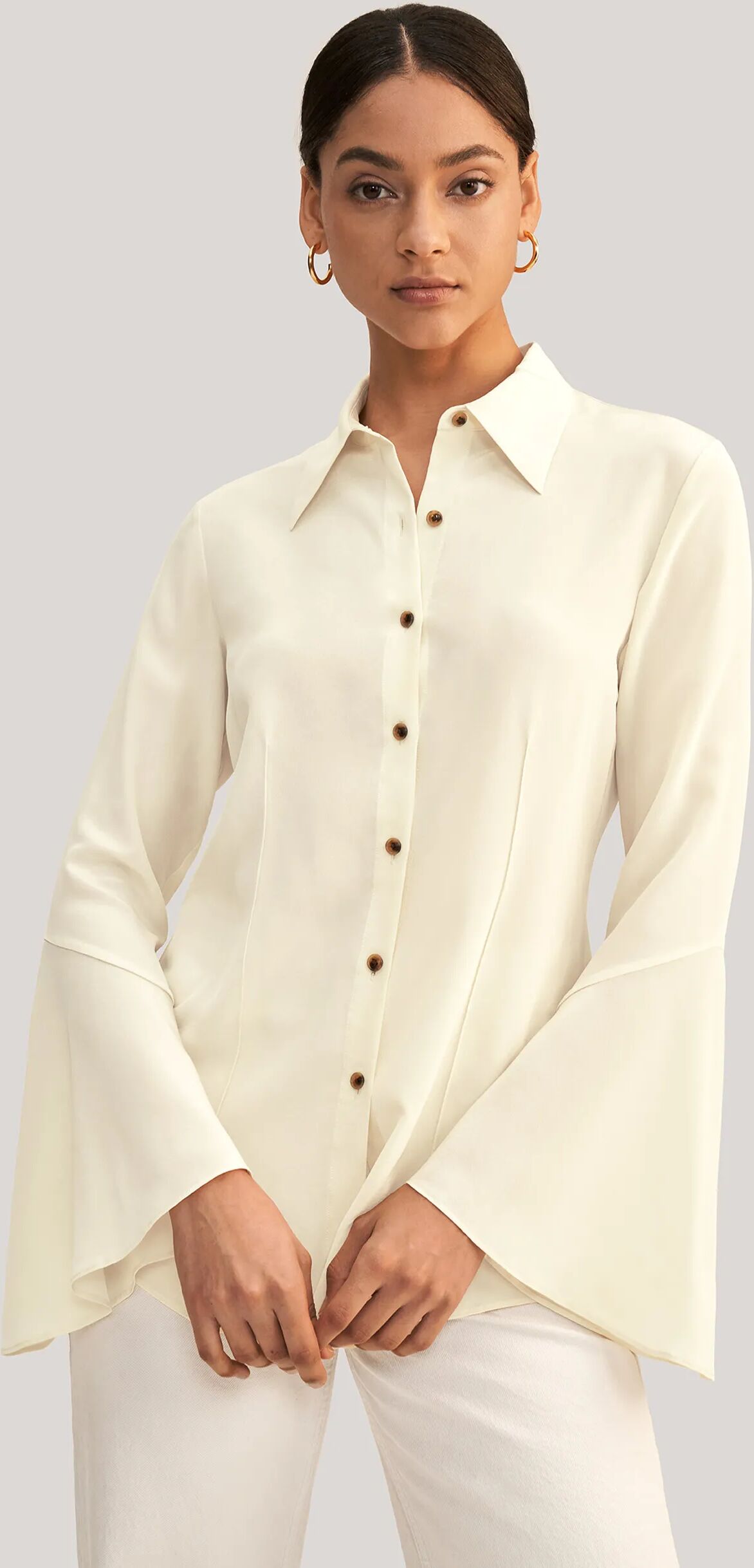 LILYSILK Business White Shirt With Bell Sleeves   Silk Tops For Women Regular Fit Inspired By Blooming Calla Lilies XL