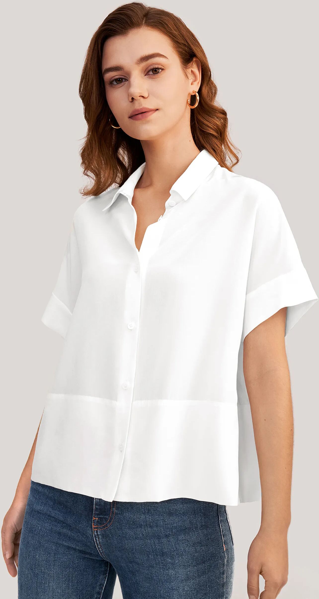 LILYSILK Casual White Shirt With Short Sleeves   Silk Plain Business   Women Silk Blouse 18 Momme Crepe De Chine Collar Regular Fit XL