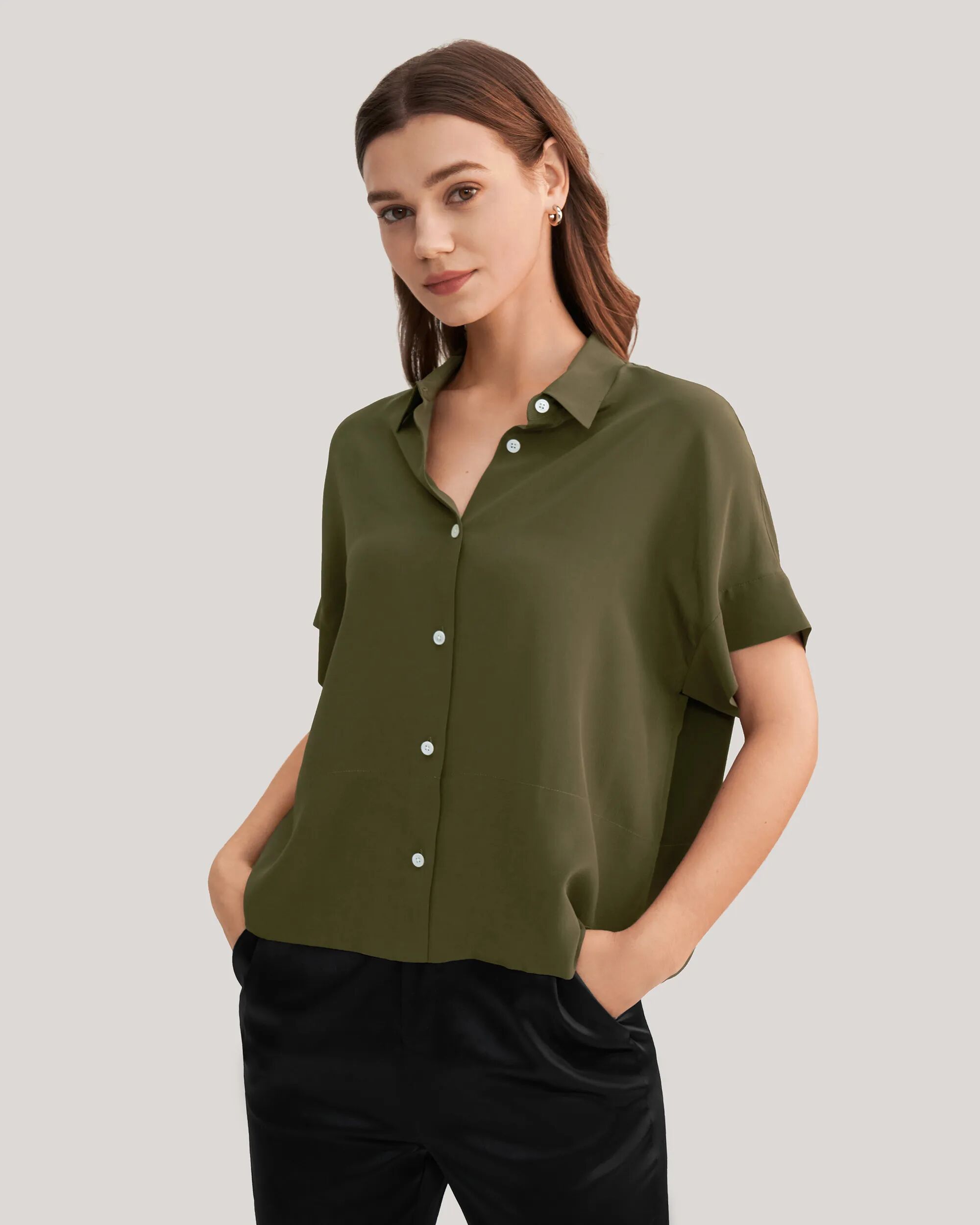 LILYSILK Womens Silk Shirts And Blouses High Quality Crepe De Chine Silk Tops Short Sleeve Silk Clothing Olive Green XXL