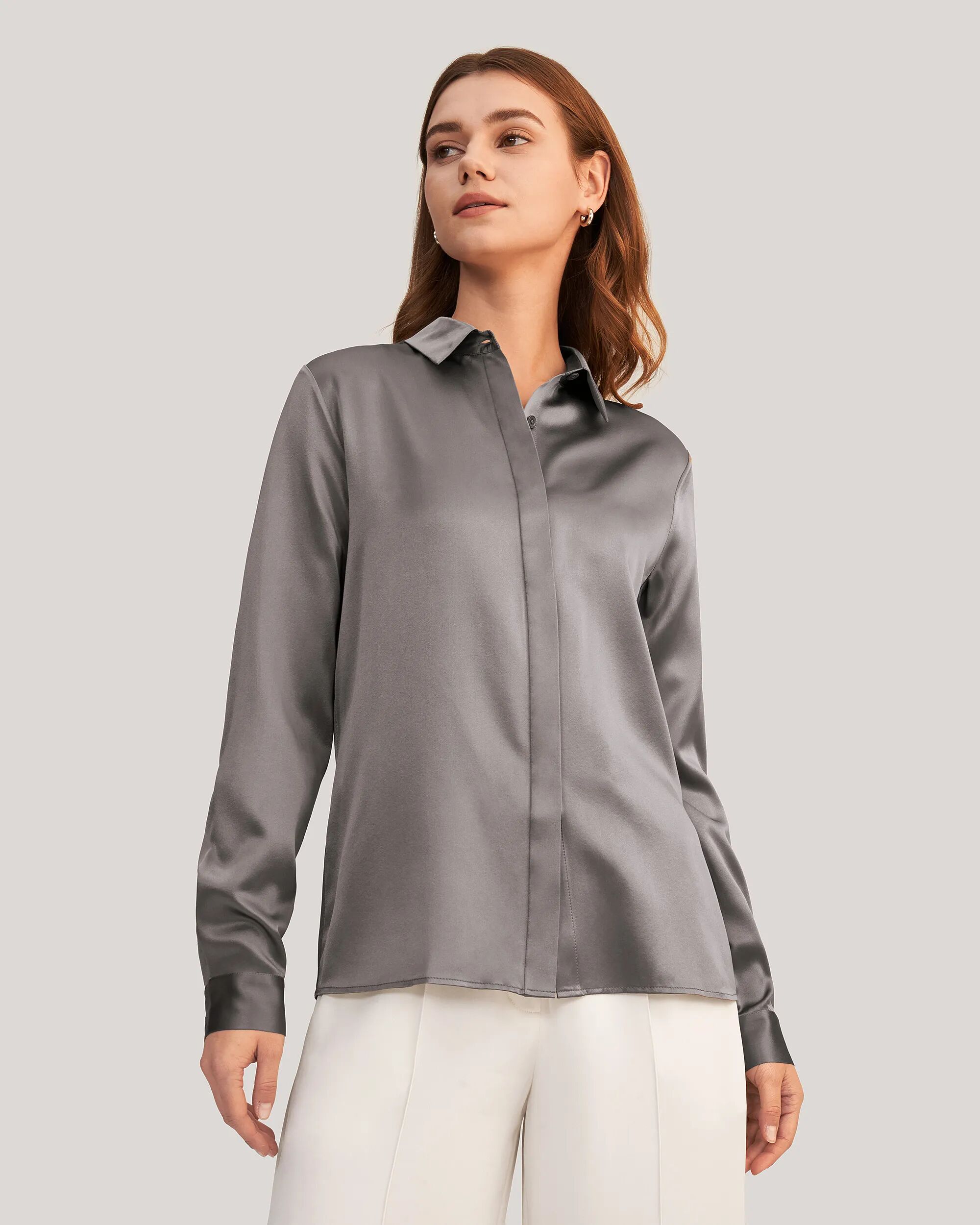 LILYSILK Business Gray Silk Shirt   Plain   100% Silk Women Long-Sleeved Mother-Of-Pearl Buttons For Any Occasions Dark