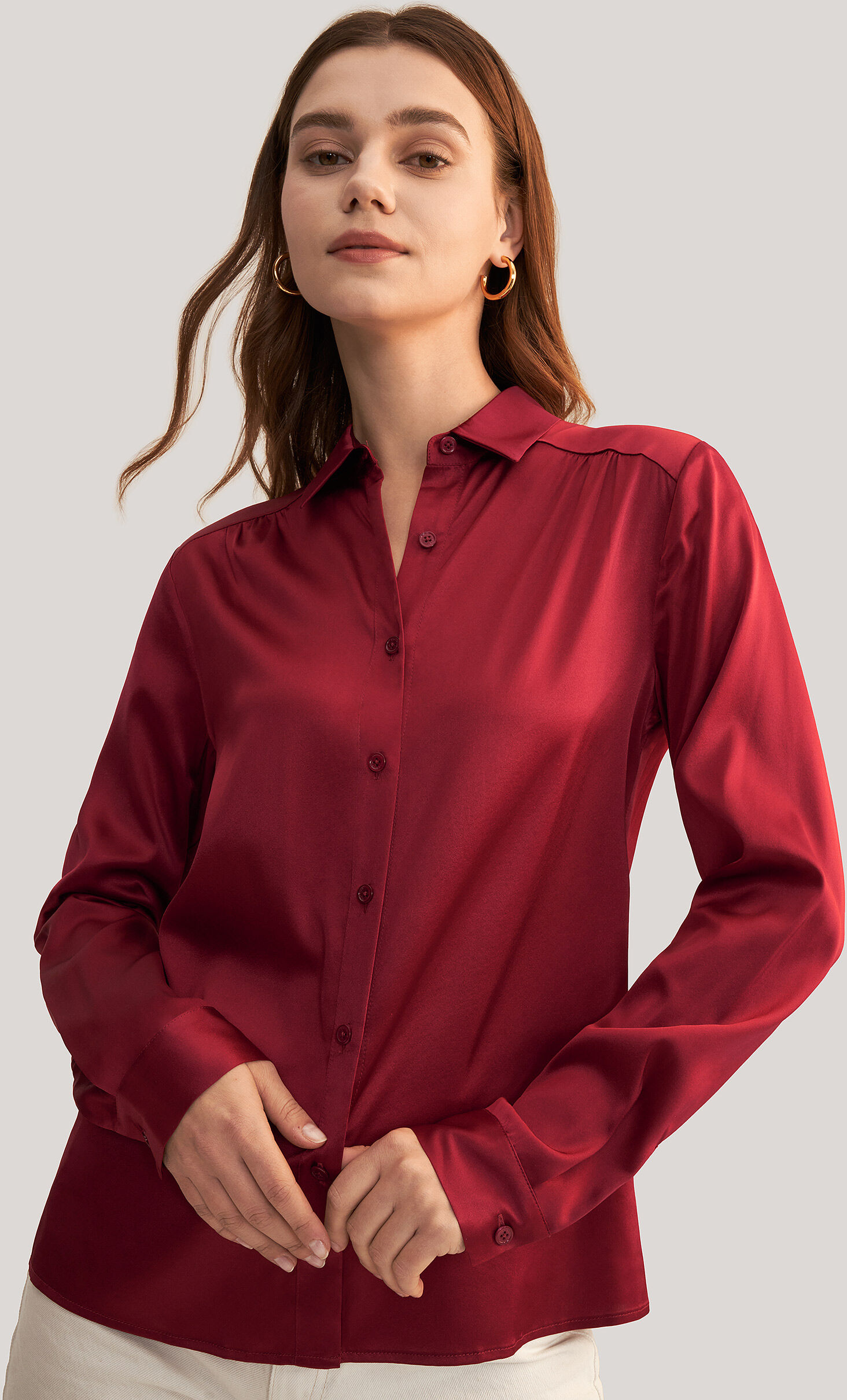 LILYSILK Business Red Burgundy Silk Shirt   Solid Long Sleeves Style   Silk Blouse For Women Claret Quality Stretchy Wrinkle Free Curved Hem XS